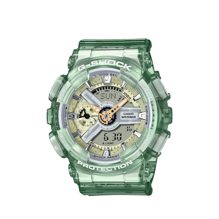 G Shock Duo Skeleton Alarm 200M Silv/Gold Green Band
