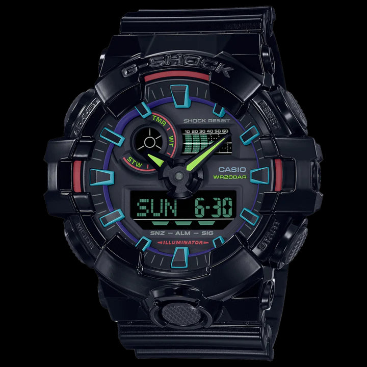 G Shock Duo Gamers Rgb Alarm 200M Rainbow Black Bezel & Band