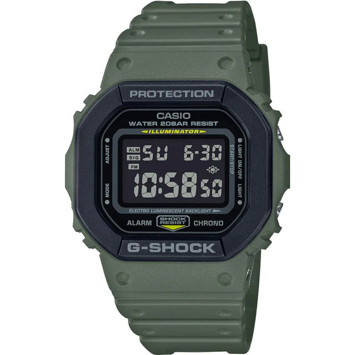 G Shock Dig 200M Alarm Blk Face & Bezel Olive Band