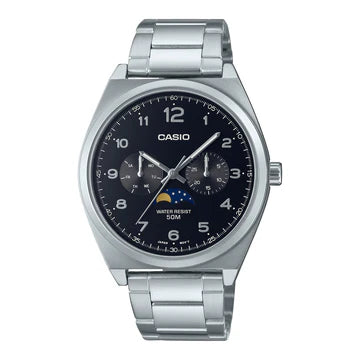 Casio Analogue Moon Moon Phase Display 50M Wr Black Face S/Steel Band