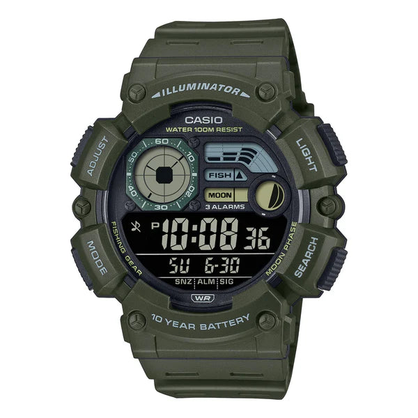 Casio Digital Multi Window Fish Moon Alarm S/W 100M Wr Camo Green Resin Band