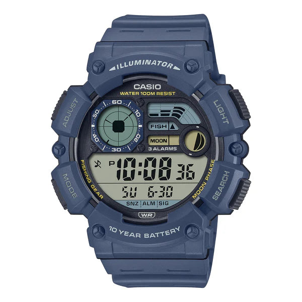 Casio Digital Multi Window Fish Moon Alarm S/W 100M Wr 10Yr Batt Blue Resin Band