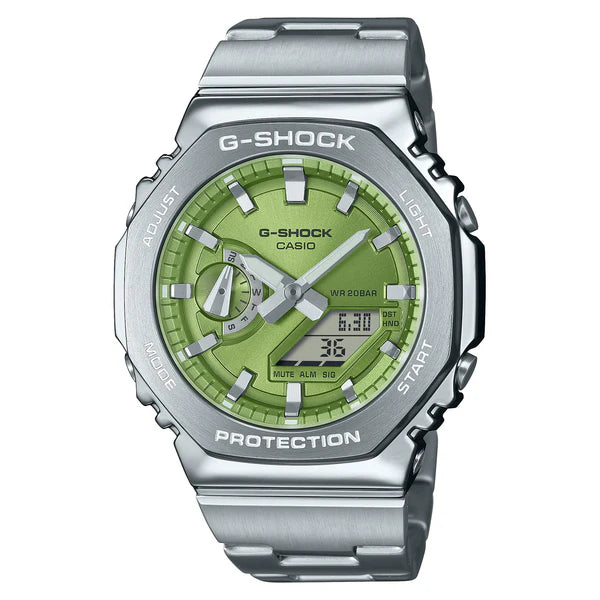 G/Shock Duo Metal Covered W/T S/W Alarm 200M Wr Green Face S/Steel Band