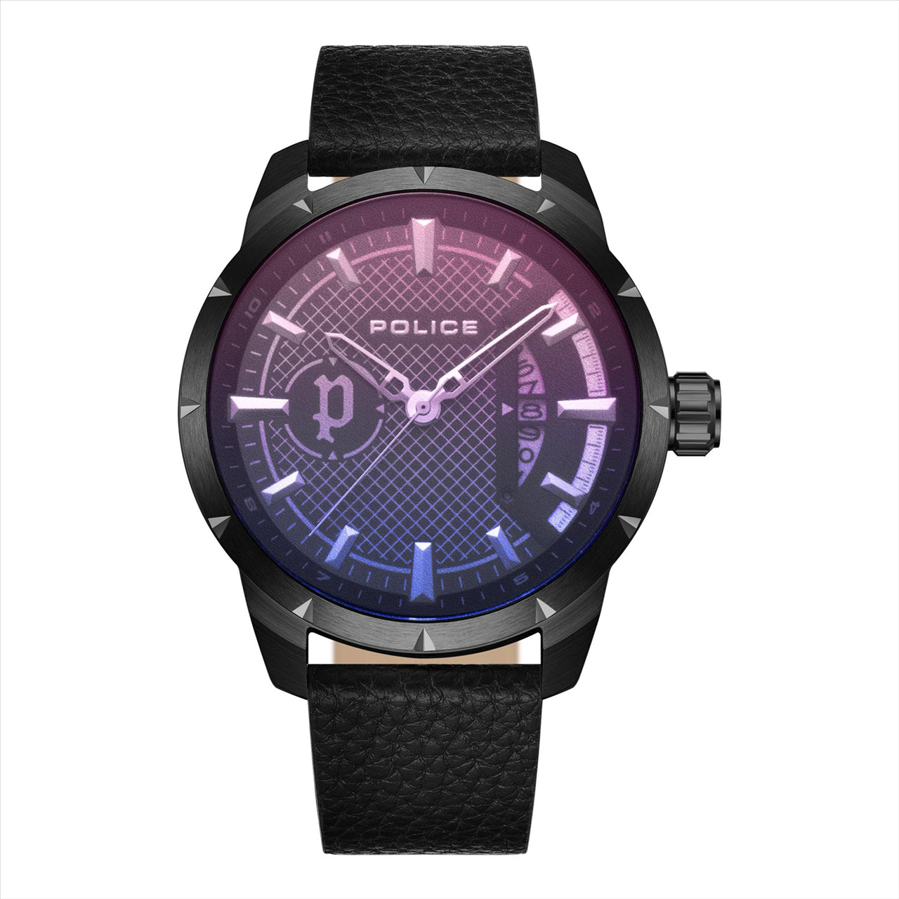 Police Neist Blue/Orange Dial Black Leather Strap 45Mm
