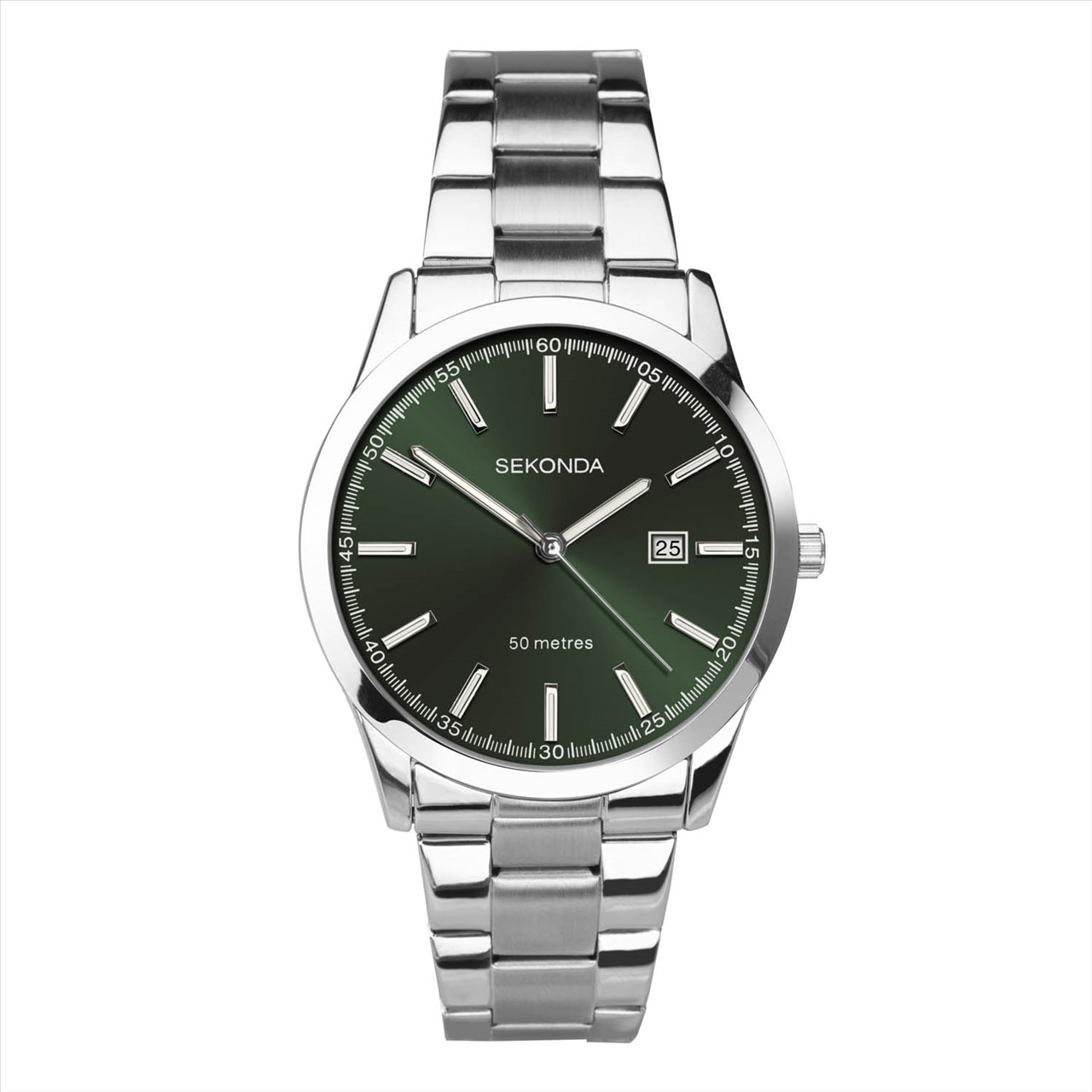 Sekonda Silver Case Green Date Dial Stainless Steel Bracelet 43Mm