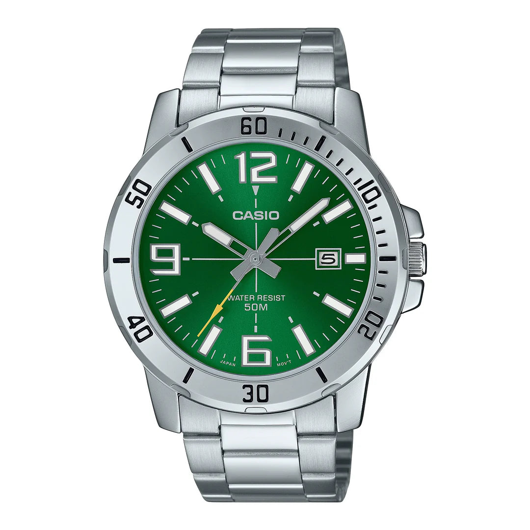 Casio Analog,Green Face,Stainless Steel Band Wr50m