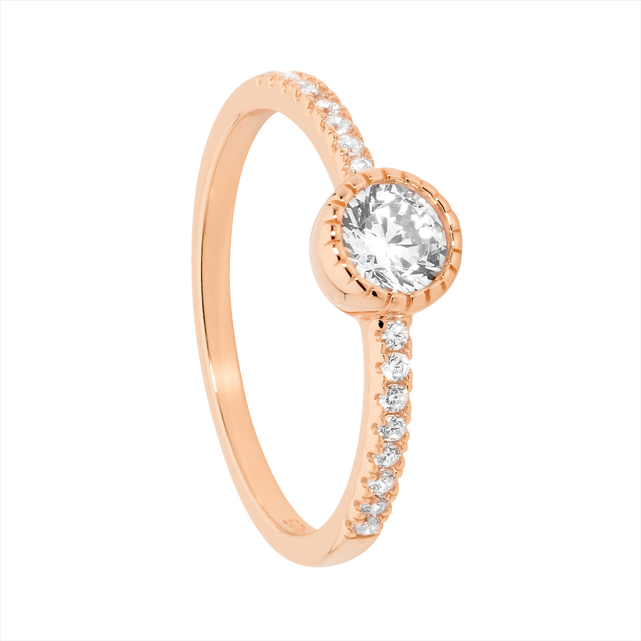 Sterling Silver Rose Gold Plated Crown Set Solitaire Ring With Cubic Zirconia Stones