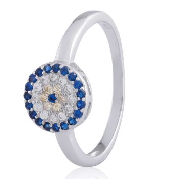 Sterling Silver Rodioum Plated Blue Cubic Zirconia Evil Eye Ring
