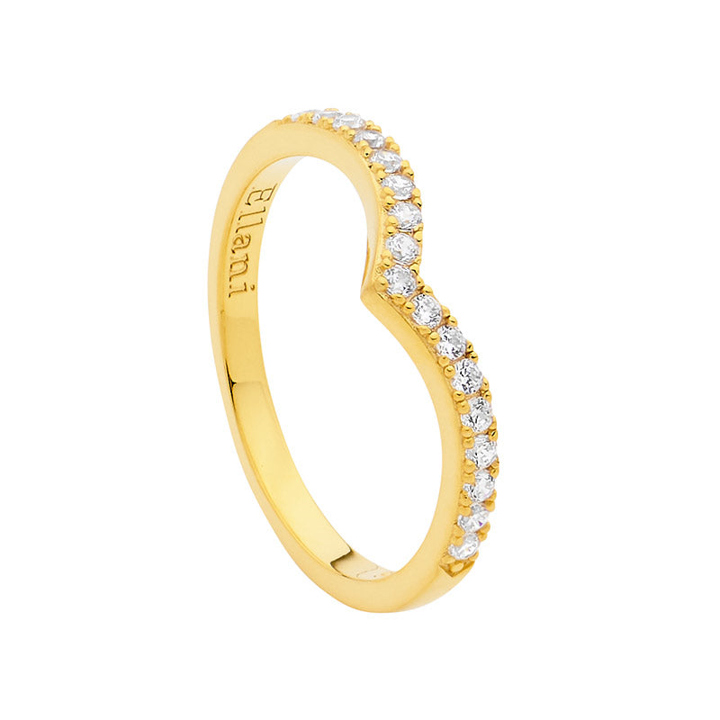 Sterling Silver Yellow Gold Plated V Shaped Ring With Clear Cubic Zirconia Stones