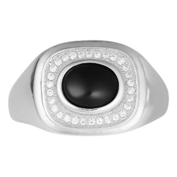 Sterling Silver Rodioum Plated Square Oval Black Stone Cz Mens Ring