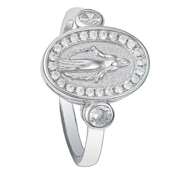 Sterling Silver Rodioum Plated Mary Medallion Cubic Zirconia Ring