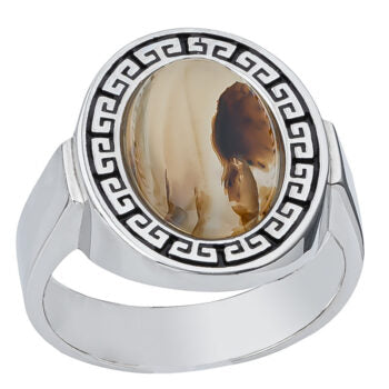 Sterling Silver Greek Key&  Natural Agate Ring Size 11 (V ½ )