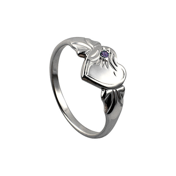 Sterling Silver Single Heart February Birthstone Signet