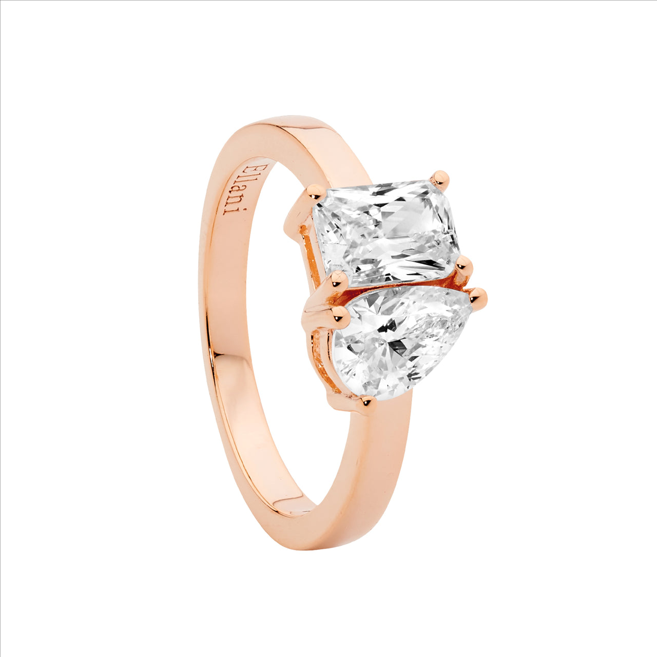 SS emerald & pear cut wh cz ring w/rose gold plating