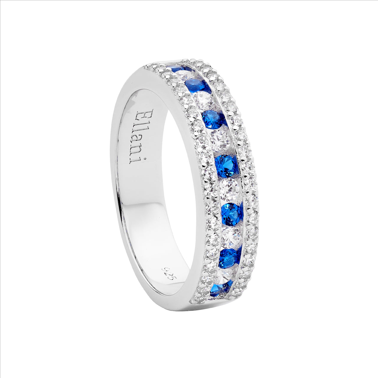 SS wh cz ring w/ dk blue & wh cz channel set centre row