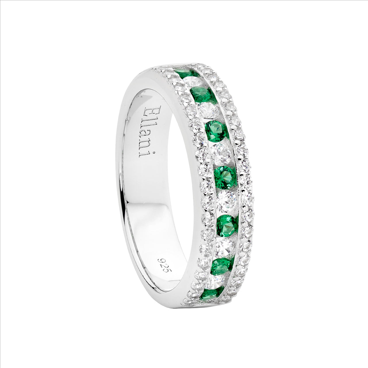 SS wh cz ring w/ green & wh cz channel set centre row