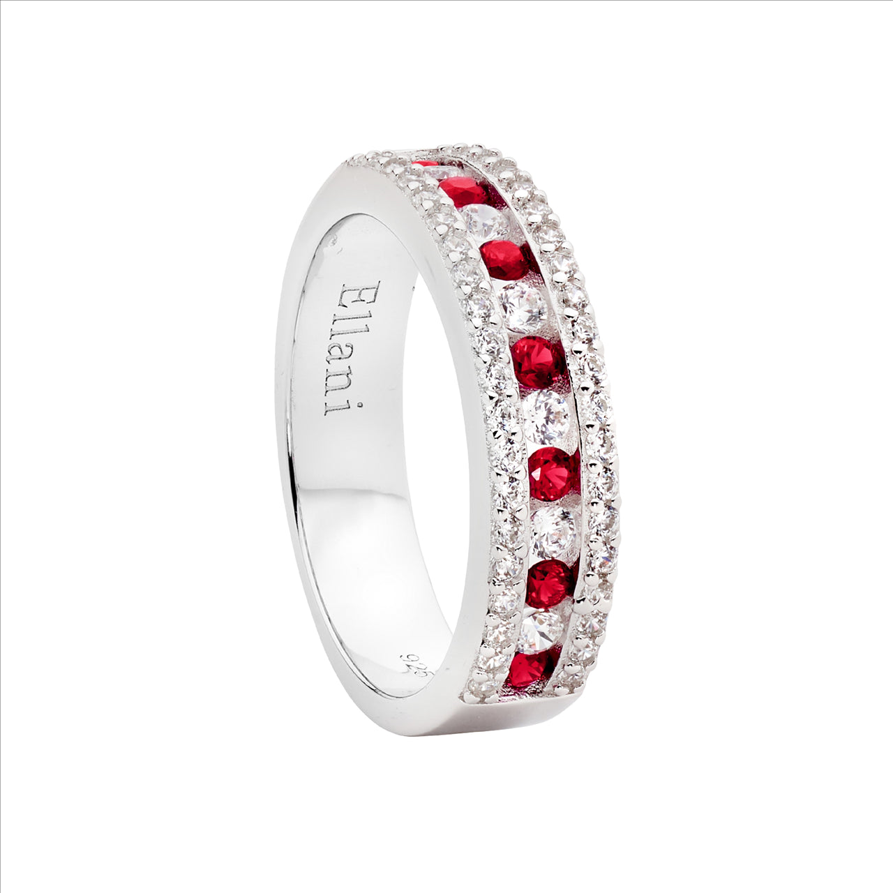 SS wh cz ring w/ red & wh cz channel set centre row