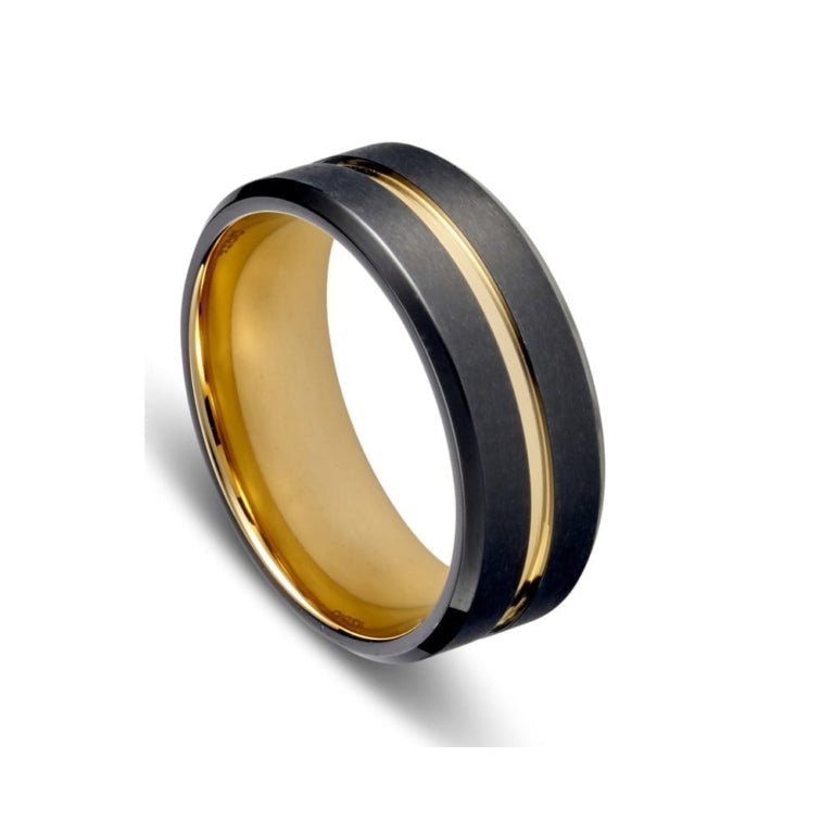 Blaze stainless steel men’s brushed black ring with gold