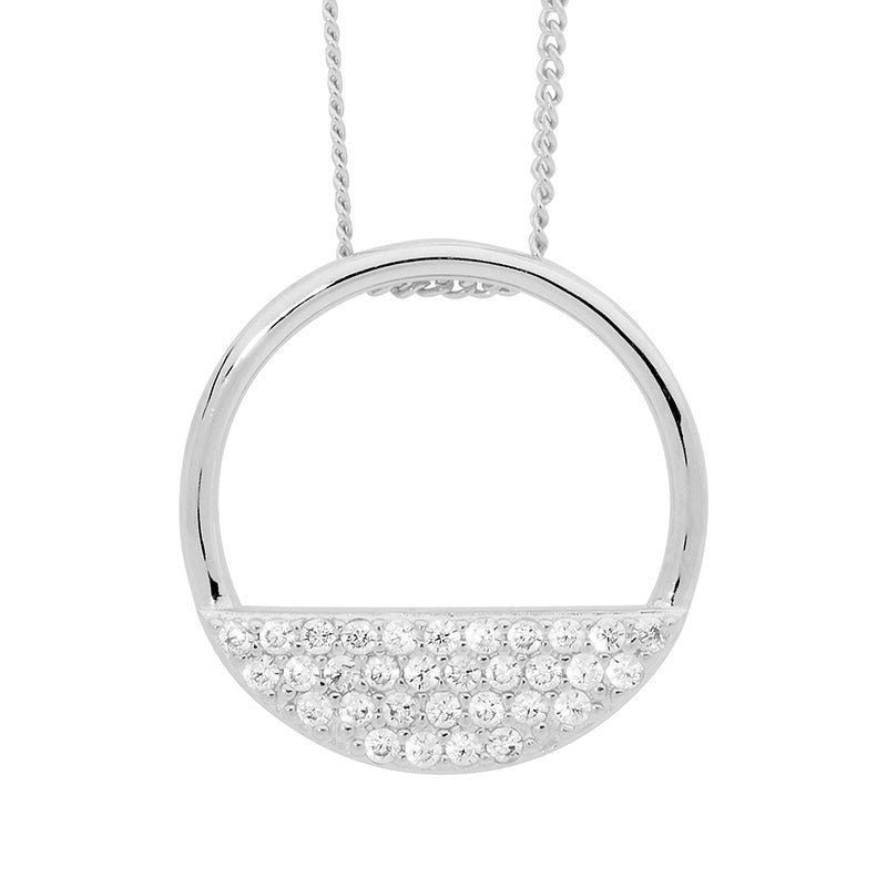 Sterling Silver 28mm Open Circle Pendant Chain With Clear Cubic Zirconia Stones