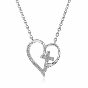 Sterling Silver Rodioum Plated Heart And Cross Cubic Zirconia Necklace