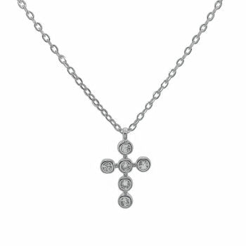 Rodioum Plated Silver Cross Six Cubic Zirconias Necklace