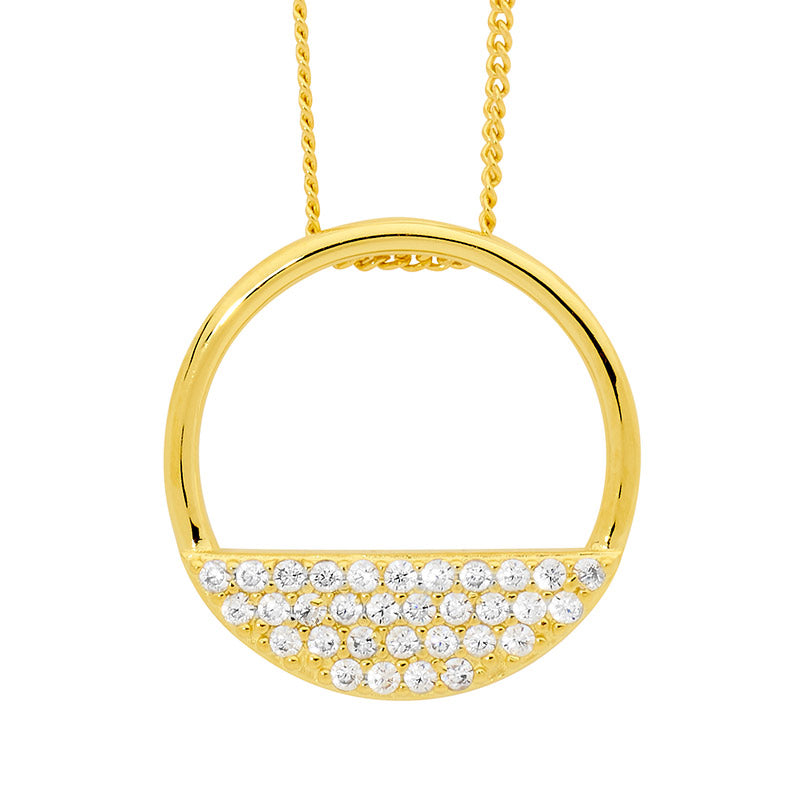 Sterling Silver 28mm Open Circle Cubic Zirconia Yellow Gold Plated Pendant With Chain