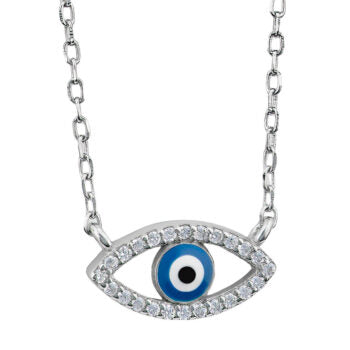 Sterling Silver Rodioum Plated Round Evil Eye Cz Necklace
