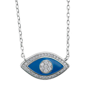 Sterling Silver Rodioum Plated Oval Light Blue Enamel Evil Eye Cz Pendant