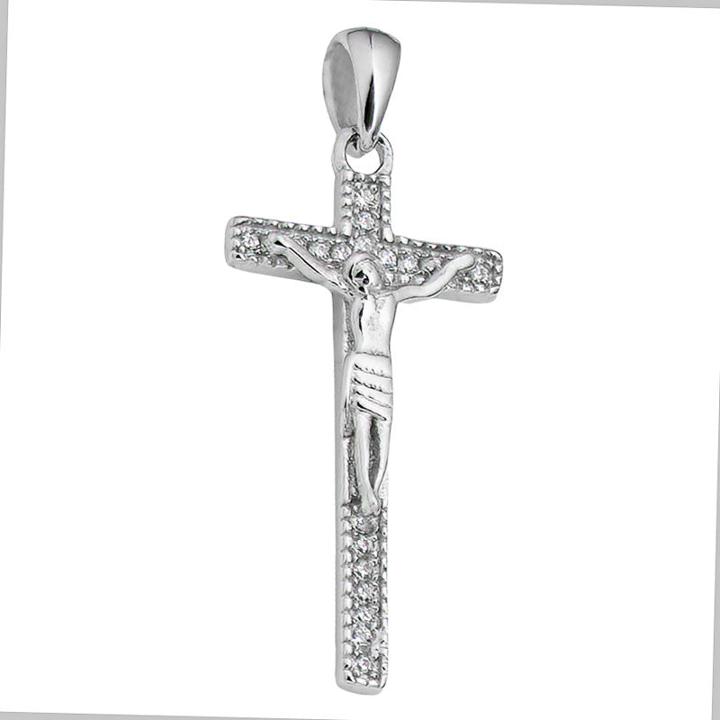 Rhodium Plated Sterling Silver Cz Cross Pendant