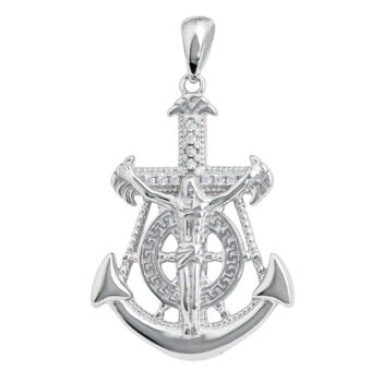 Sterling Silver Rodioum Plated Cross&Anchor Cubic Zirconia Pendant