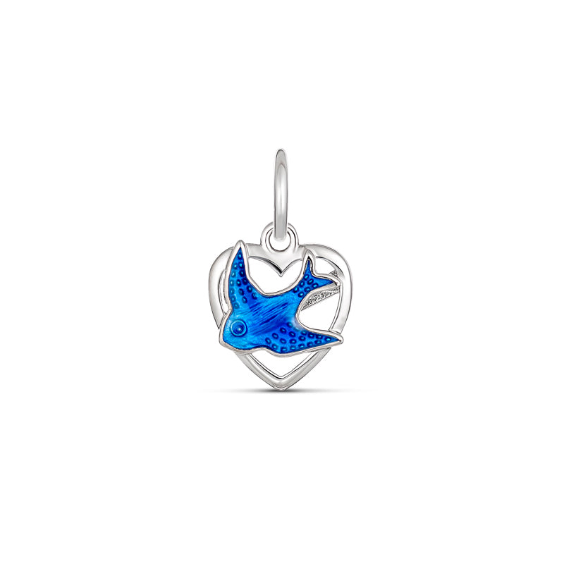 Sterling Silver Rodioum Plated Open Heart Pendant With A Small Blue Bird