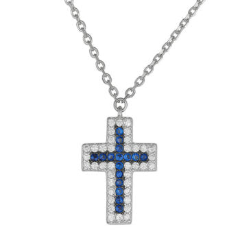 Sterling Silver Rodioum Plated Blue& White Cubic Zirconia Cross Necklace