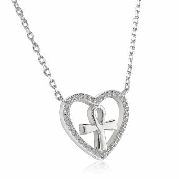 Sterling Silver Rodioum Plated Cubic Zirconia Heart With Cross Pendant