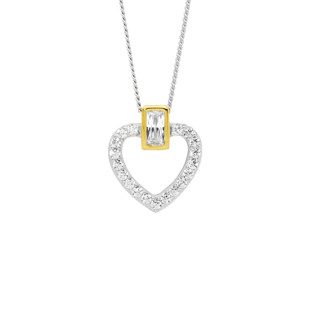 Ellani Sterling Silver Gold Plated Cubic Zirconia Open Heart Pendant