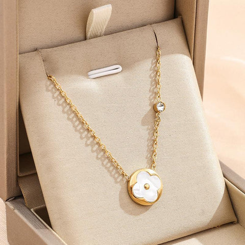 Stainless Steel Clover Necklace-White YGP