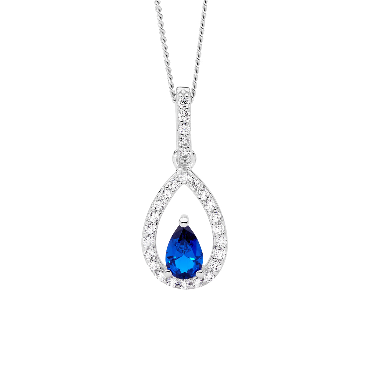 SS wh cz open pear w/ dk blue pear cz cntr drop pendant