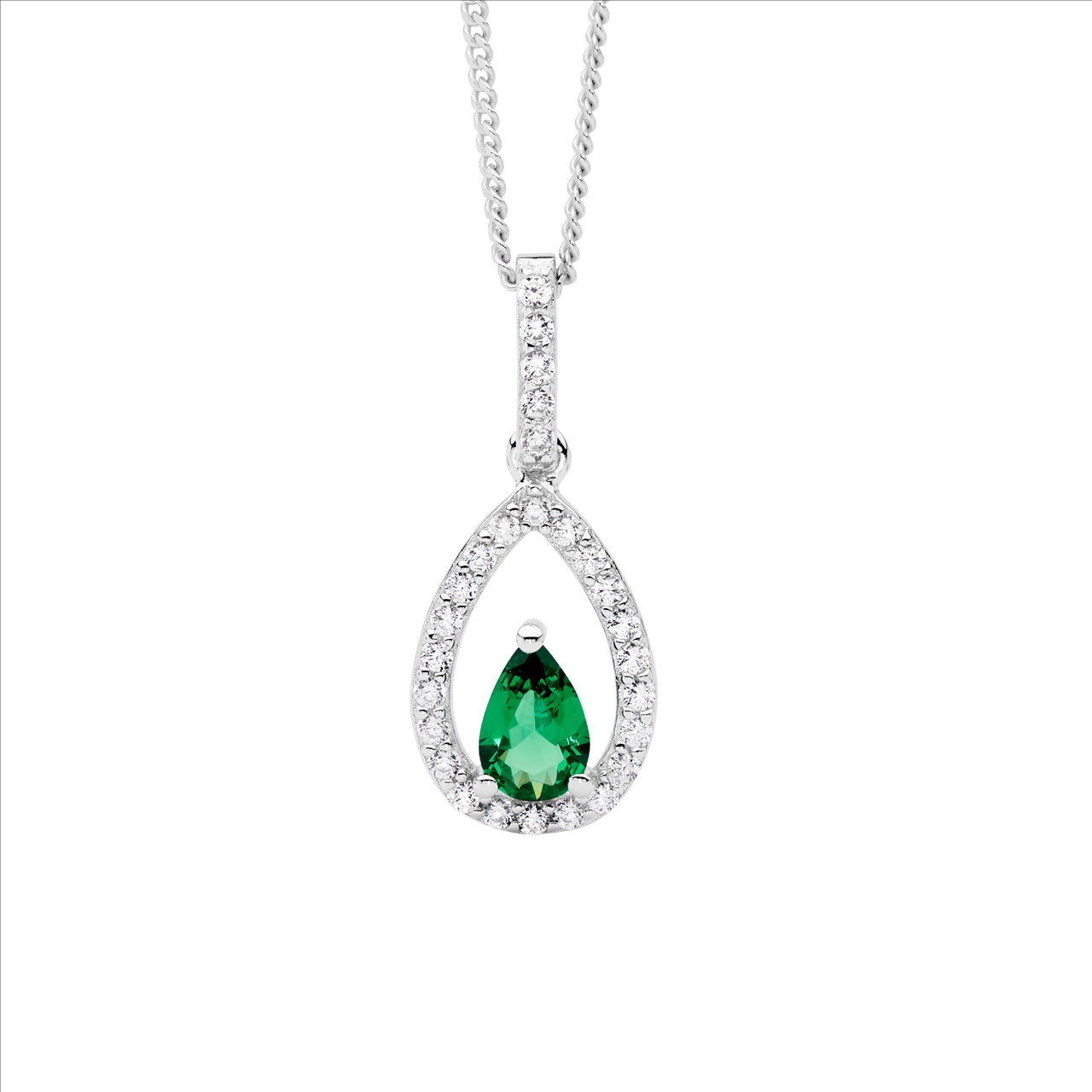 SS wh cz open pear w/ green pear cz cntr drop pendant