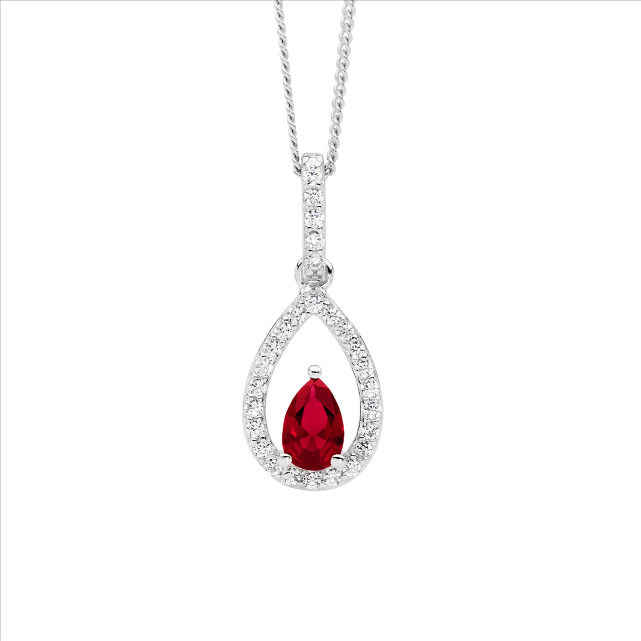 SS wh cz open pear w/ red pear cz cntr drop pendant