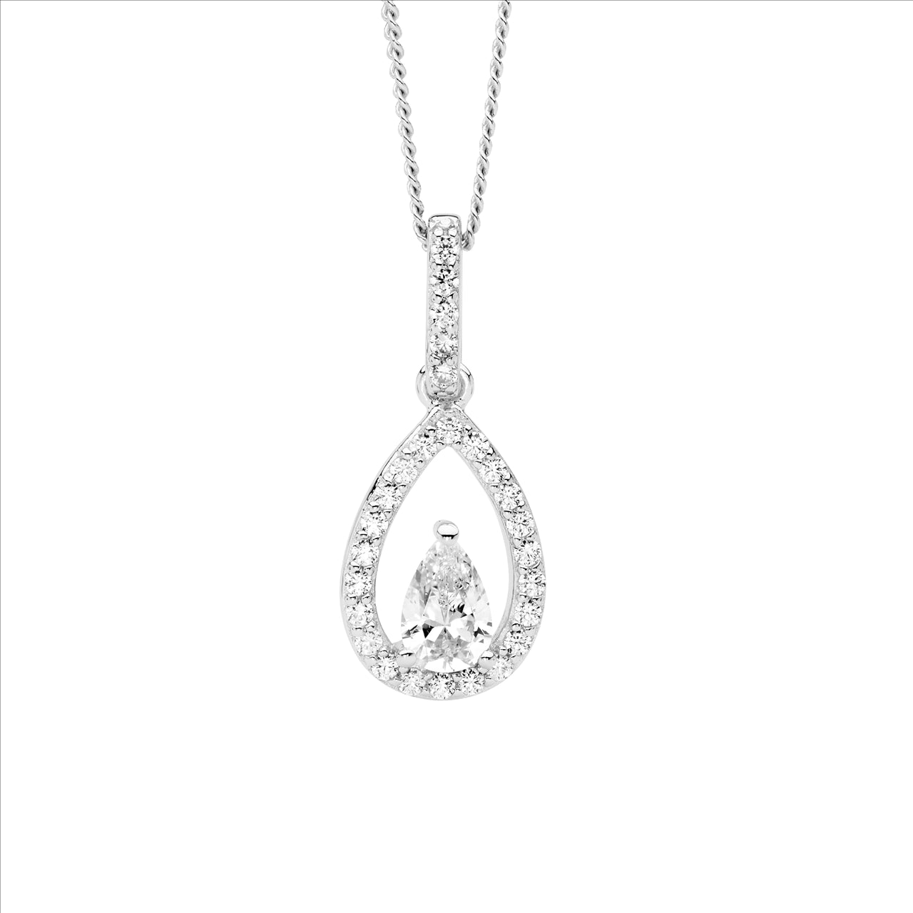 SS wh cz open pear w/ wh pear cz cntr drop pendant