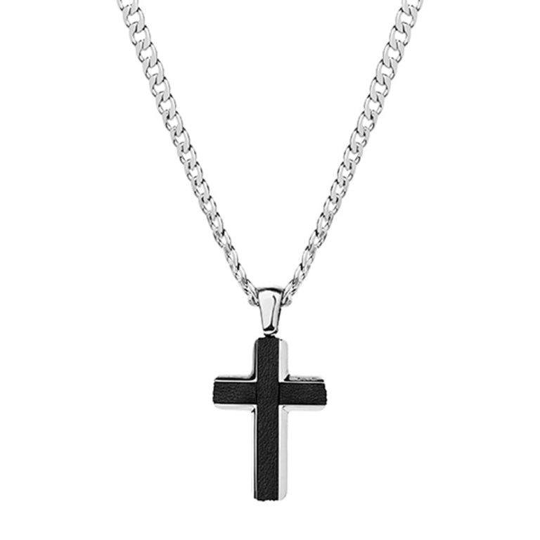 Blaze stainless steel men’s black cross pendant with curb chain