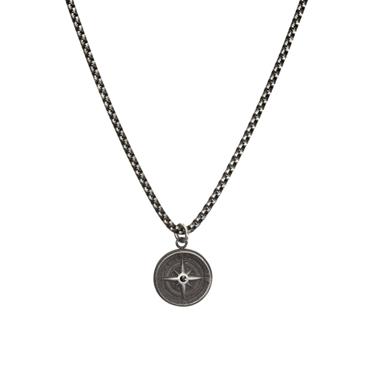 Blaze stainless steel men’s compass pendant necklace with matte antique finish chain