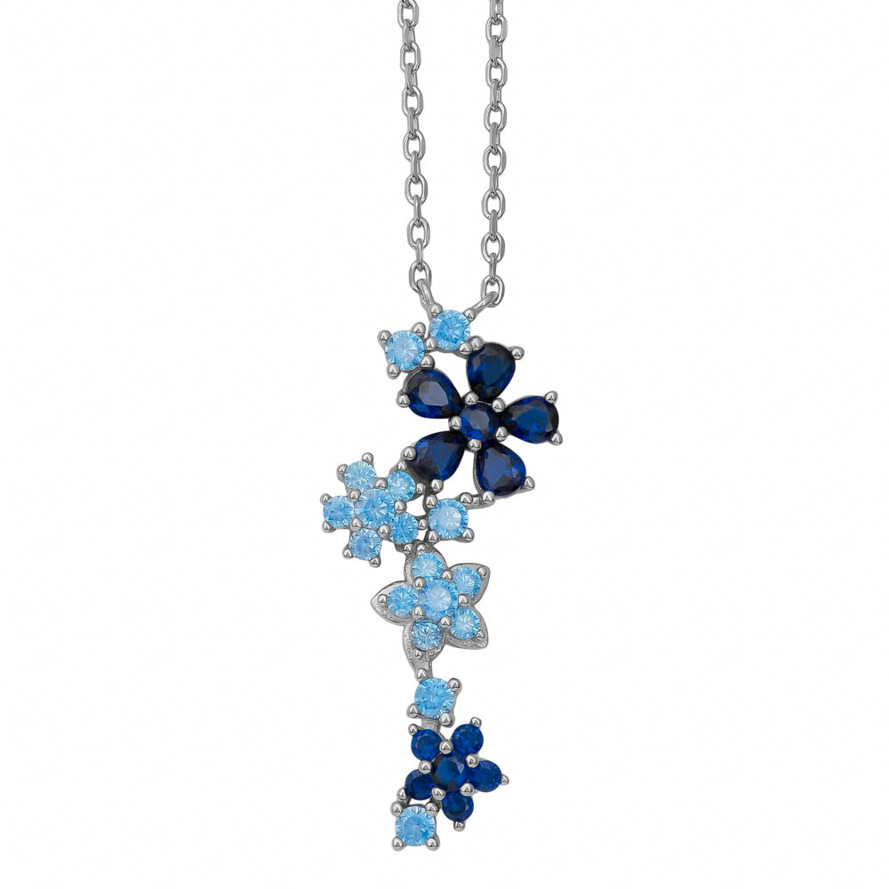 Sterling Silver necklace- Blue Flowers Pendant With Chain