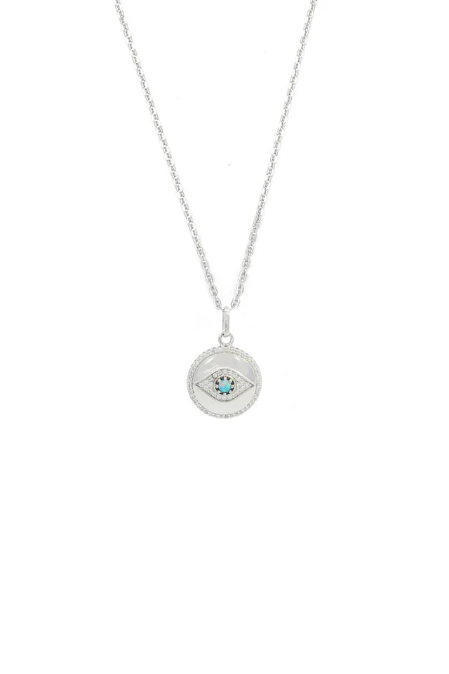 Opal Glow Blue Created Opal Evil Eye Medalion Silver Pendant