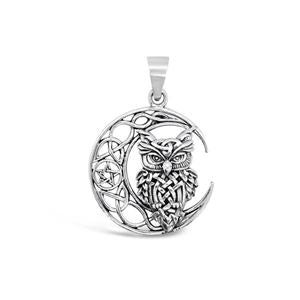 SILVER Pentagram Owl Moon Pendant