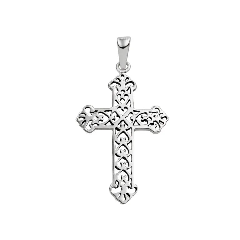 SILVER Filigree Heart Detail Cross Pendant 3.5CM