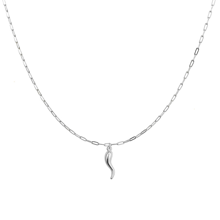 Silver Petite Paperclip Link Necklace With Cornicello