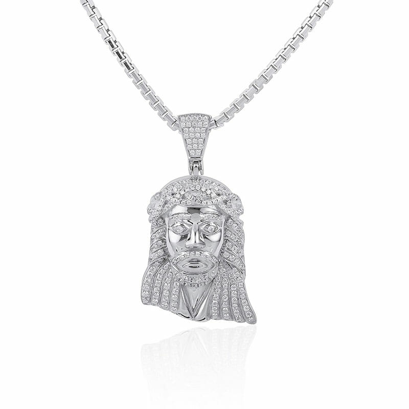 Rhodium Plated Sterling Silver Jesus Iced Pendant
