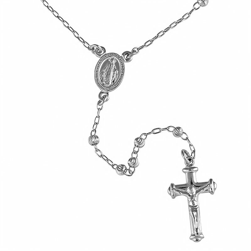 Moon Cut Rhodium Plated Sterling Silver Rosary Necklace