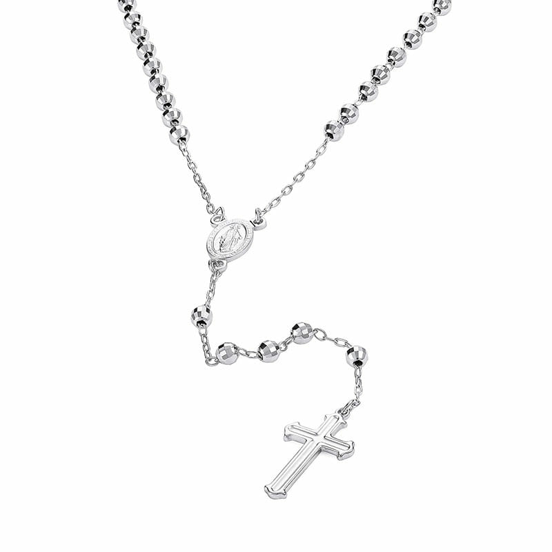 Diamond Cut Rhodium Plated Sterling Silver Rosary Necklace