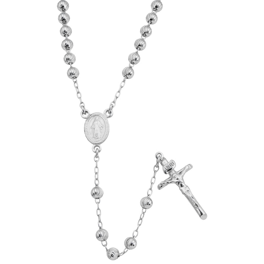 Moon Cut Rhodium Plated Sterling Silver Rosary Bead Necklace